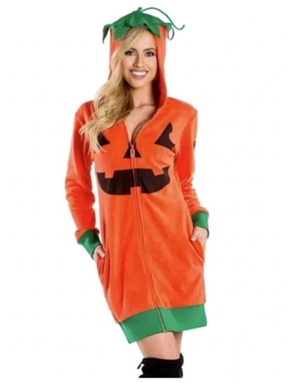 TIPSYELVES Women’s XL Orange Pumpkin Face Hooded Dress Trimmed In Green